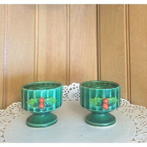 Vintage Holt Howard 1964 Green Ceramic Christmas Holly Candlestick Holders